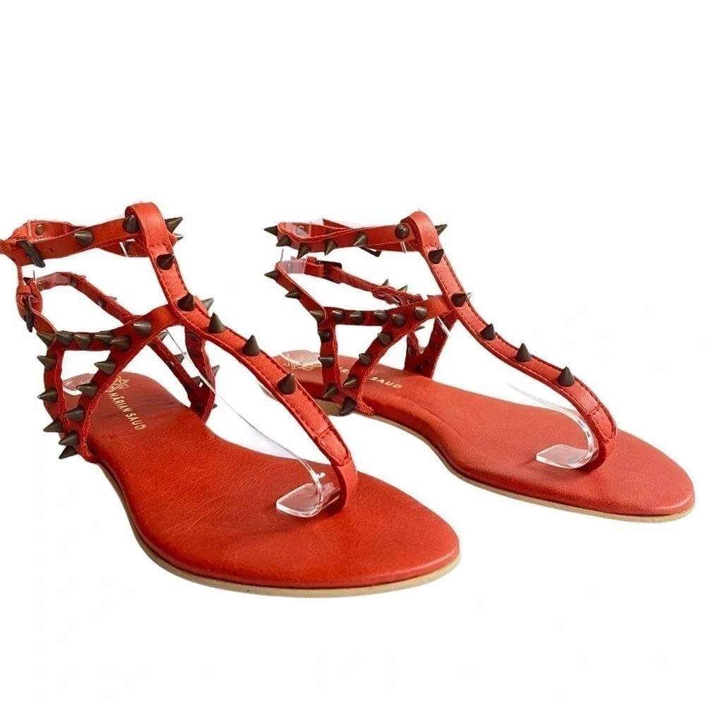 Marian Saud cherry red leather and metal studded ankle-strap gladiator sandals